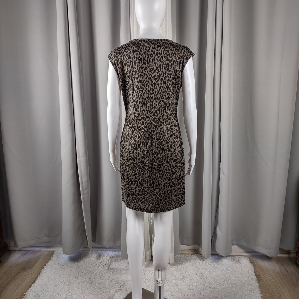 Nine West Leopard Print Ponte Sheath Dress Cap Sleeve Stretch Knee Length Size M - Picture 3 of 11